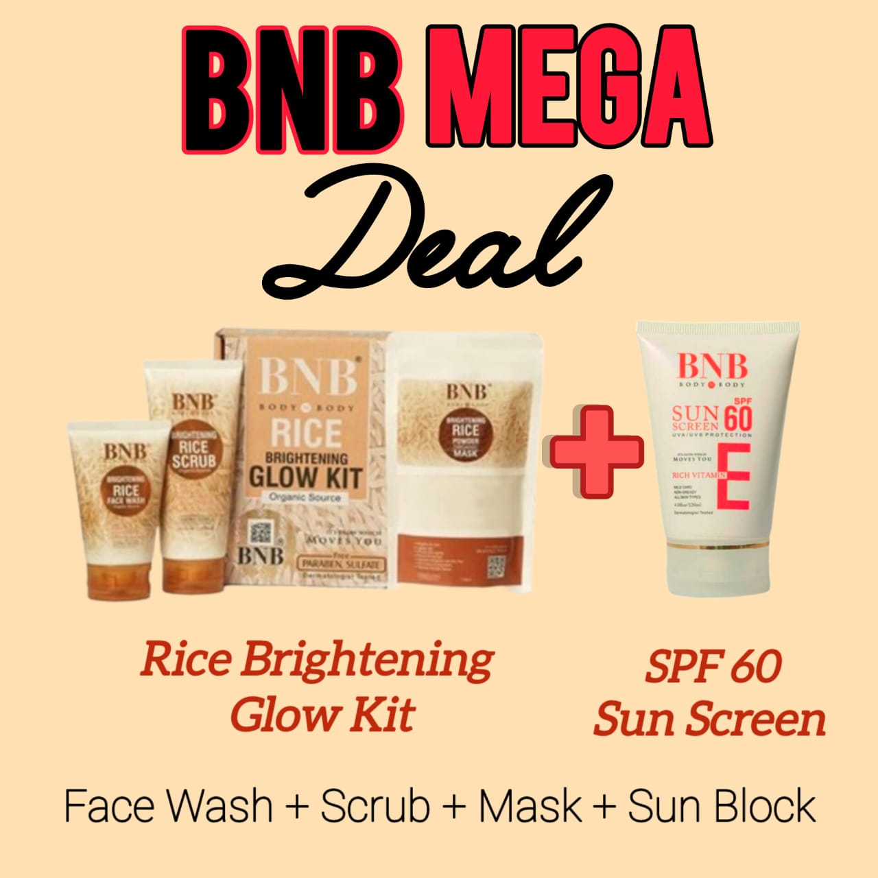 BNB Mega Deal Rice Brightening Glow Kit + SPF 60 Sun Screen Organic and Dermatologist Tested 45