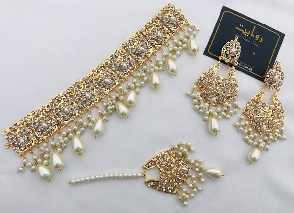 Choker Set by RAWAYAT Gold Plated Stones Choker Set with Earrings 56yu