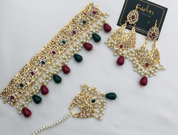 Choker Set by RAWAYAT Gold Plated Stones Choker Set with Earrings 56yu5