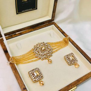 Choker Set by RAWAYAT Gold Plated Stones Choker Set with Earrings g4 gol3