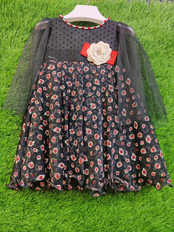 Kids Fancy Stylish Frock Stitched Net Embroidered black 4 7 4