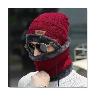 Mens Women’s Beanie Wool Cap with Neck Warmer red