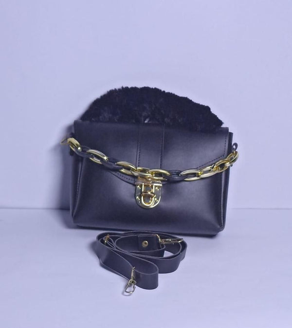 Womens Chunky Chain Purse with Fur blue 372