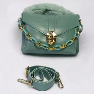 Womens Chunky Chain Purse with Fur green 2