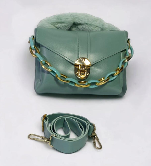 Womens Chunky Chain Purse with Fur green 2