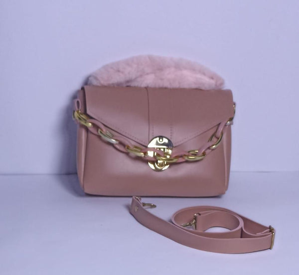 Womens Chunky Chain Purse with Fur pink 72