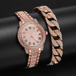 Womens Diamond Artificial Set and Roman Watch with Bracelet golden 2 3