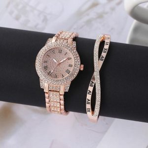Womens Diamond Artificial Set and Roman Watch with Bracelet golden 2 34