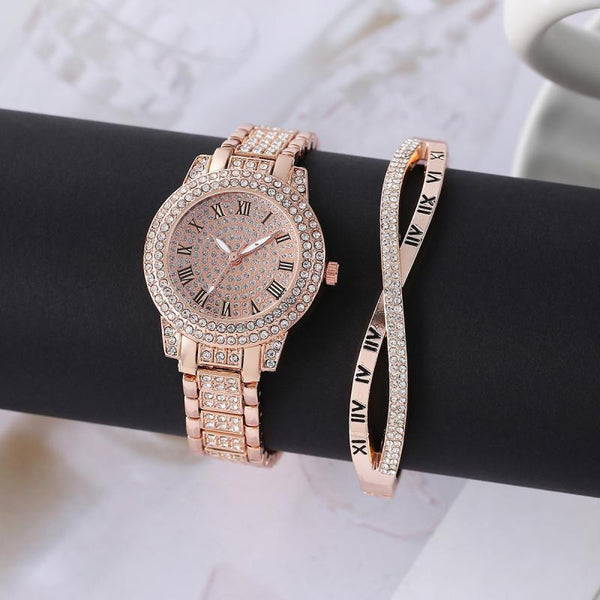 Womens Diamond Artificial Set and Roman Watch with Bracelet golden 2 34