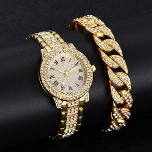 Womens Diamond Artificial Set and Roman Watch with Bracelet golden 2 345