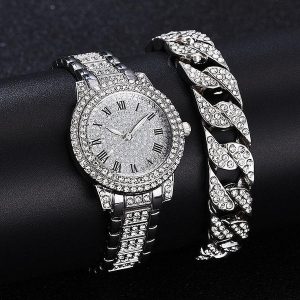 Womens Diamond Artificial Set and Roman Watch with Bracelet silver 2 345