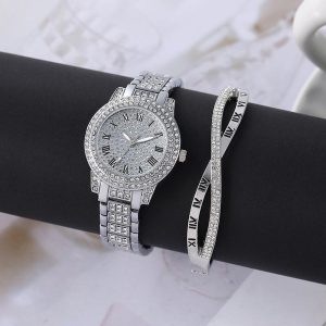 Womens Diamond Artificial Set and Roman Watch with Bracelet silver 2 35