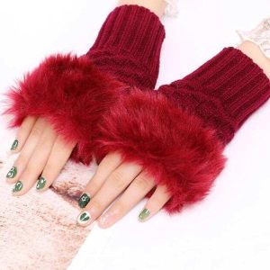 Womens Fur Gloves red 566