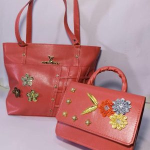 Womens PU Leather Beaded Shoulder Bag pink