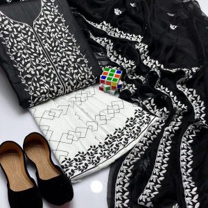 Womens Unstitched Cotton Embroidered Suit black 3 5