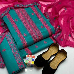 Womens Unstitched Cotton Embroidered Suit green 3 5