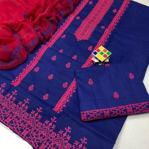 Womens Unstitched Cotton Embroidered Suit grey blue 4f