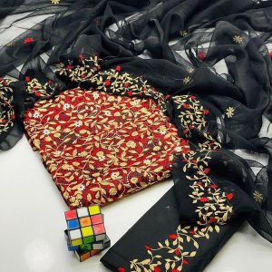Womens Unstitched Cotton Embroidered Suit red 6g