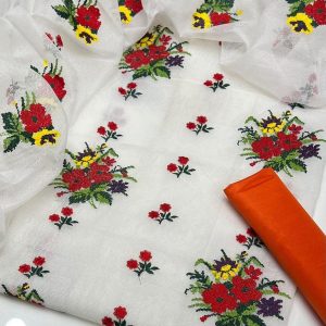Womens Unstitched Cotton Embroidered Suit white 5t