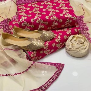Womens Unstitched Crinkle Chiffon Embroidered Suit red 5t