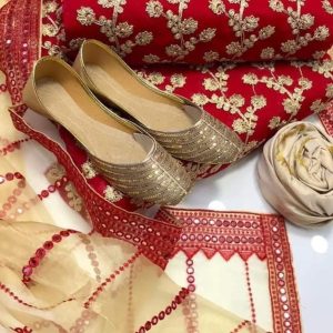 Womens Unstitched Crinkle Chiffon Embroidered Suit red r7 75t