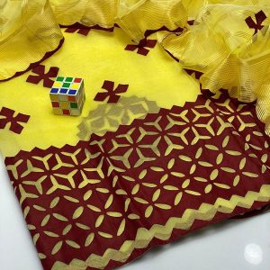 Womens Unstitched Organza Applique Suit yellow 6ym8
