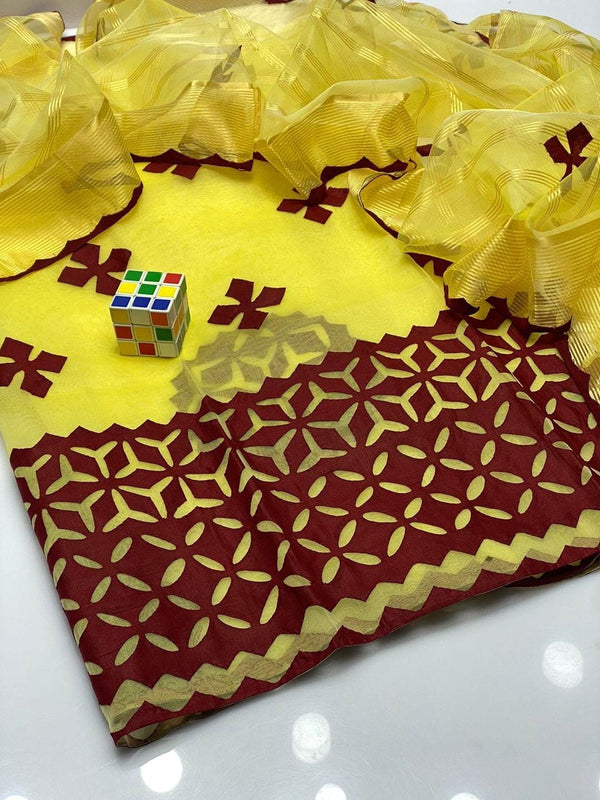 Womens Unstitched Organza Applique Suit yellow 6ym8