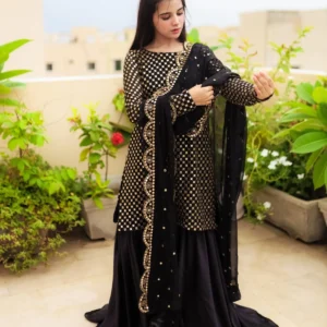 Women's Stitched Fancy Sequins Embroidered 3Pcs Suit | Cutwork Dupatta with Garara