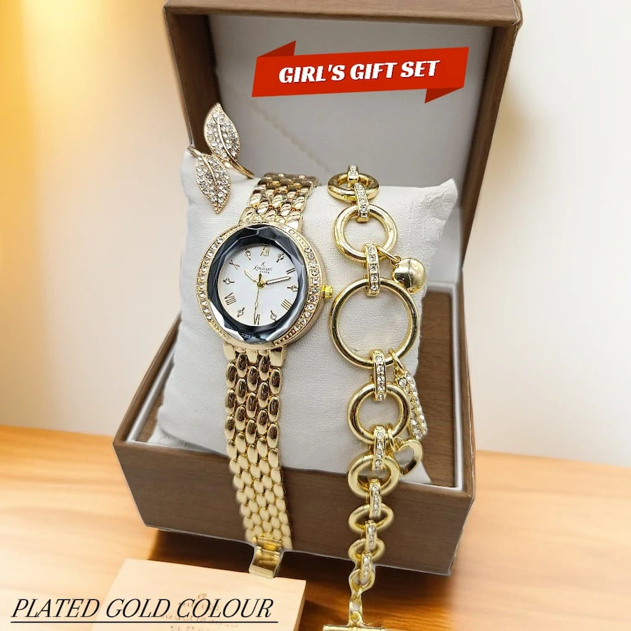 Women's Diamond Stone Jewelry Watch | Bracelet & Ring Gift Set