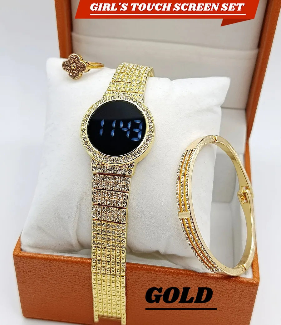 Women's Diamond Stone Touch Screen Smart LED Watch | Bracelet & Ring Gift Set