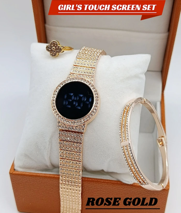 Women's Diamond Stone Touch Screen Smart LED Watch | Bracelet & Ring Gift Set