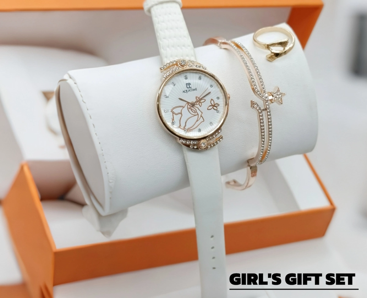 Women's Diamond Stone Strap Watch With Bracelet & Ring | Eid Special Gift Set