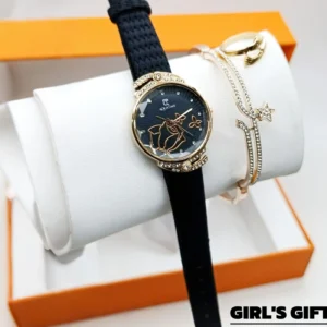Women's Diamond Stone Strap Watch With Bracelet & Ring | Eid Special Gift Set