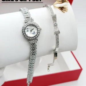 Women's Diamond Stone Jewelry Watch | Silver Color Bracelet & Ring Gift Set