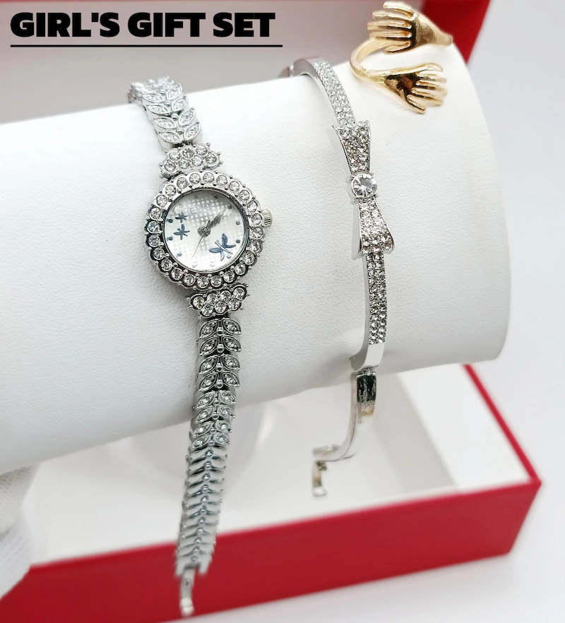 Women's Diamond Stone Jewelry Watch | Silver Color Bracelet & Ring Gift Set