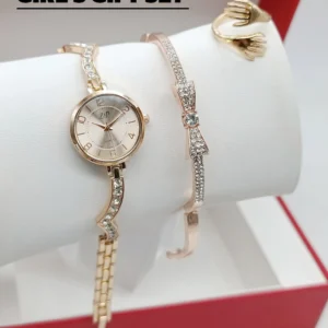 Women's Diamond Stone Jewelry Watch | Silver Color Bracelet & Ring Gift Set