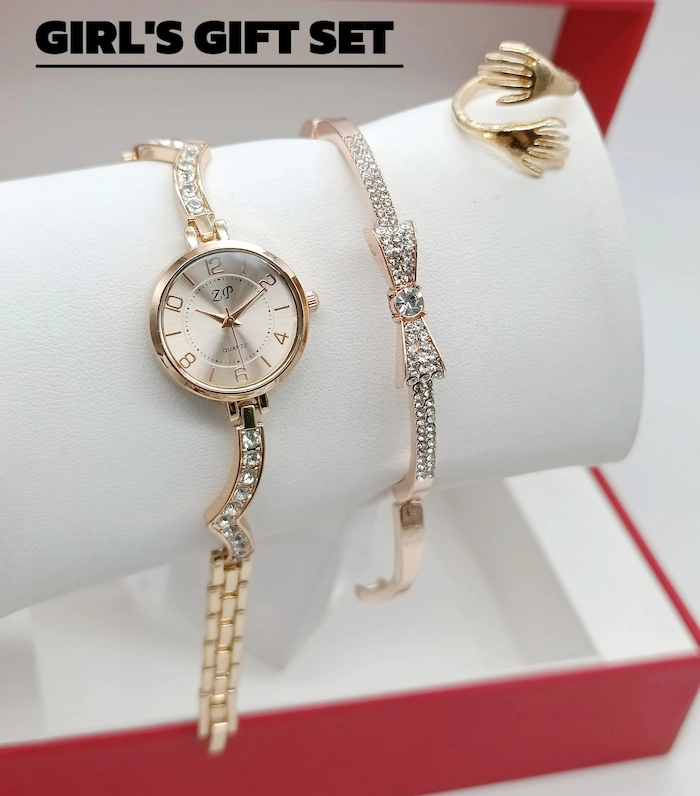 Women's Diamond Stone Jewelry Watch | Silver Color Bracelet & Ring Gift Set