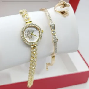 Women's Diamond Stone Jewelry Watch | Silver Color Bracelet & Ring Gift Set
