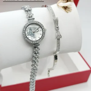 Women's Diamond Stone Jewelry Watch | Silver Color Bracelet & Ring Gift Set
