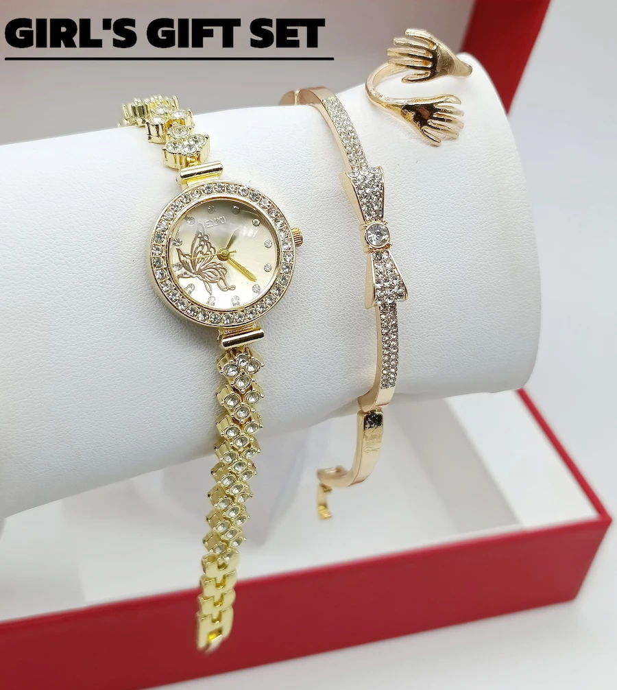 Women's Diamond Stone Jewelry Watch | Silver Color Bracelet & Ring Gift Set