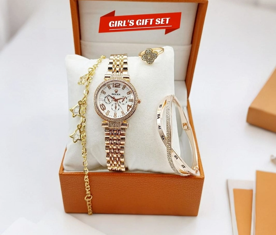 Rolex Women's Diamond Stone Jewelry Watch | Bangle-Bracelet & Ring Gift Set