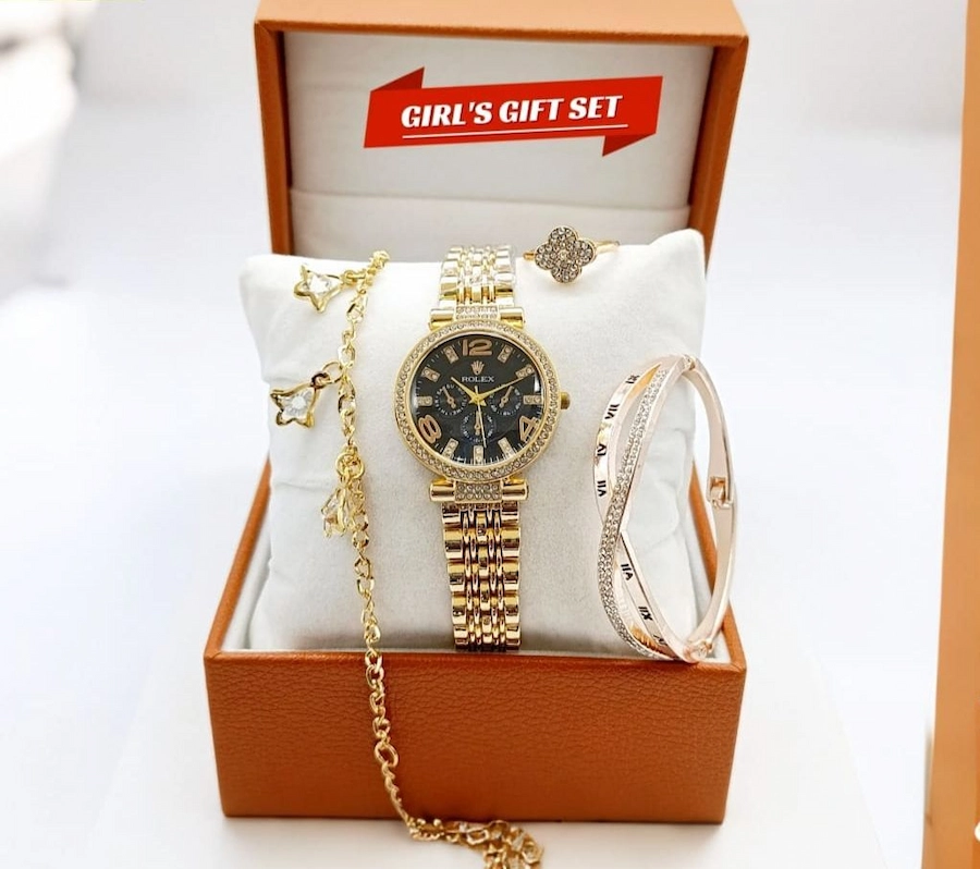 Rolex Women's Diamond Stone Jewelry Watch | Bangle-Bracelet & Ring Gift Set