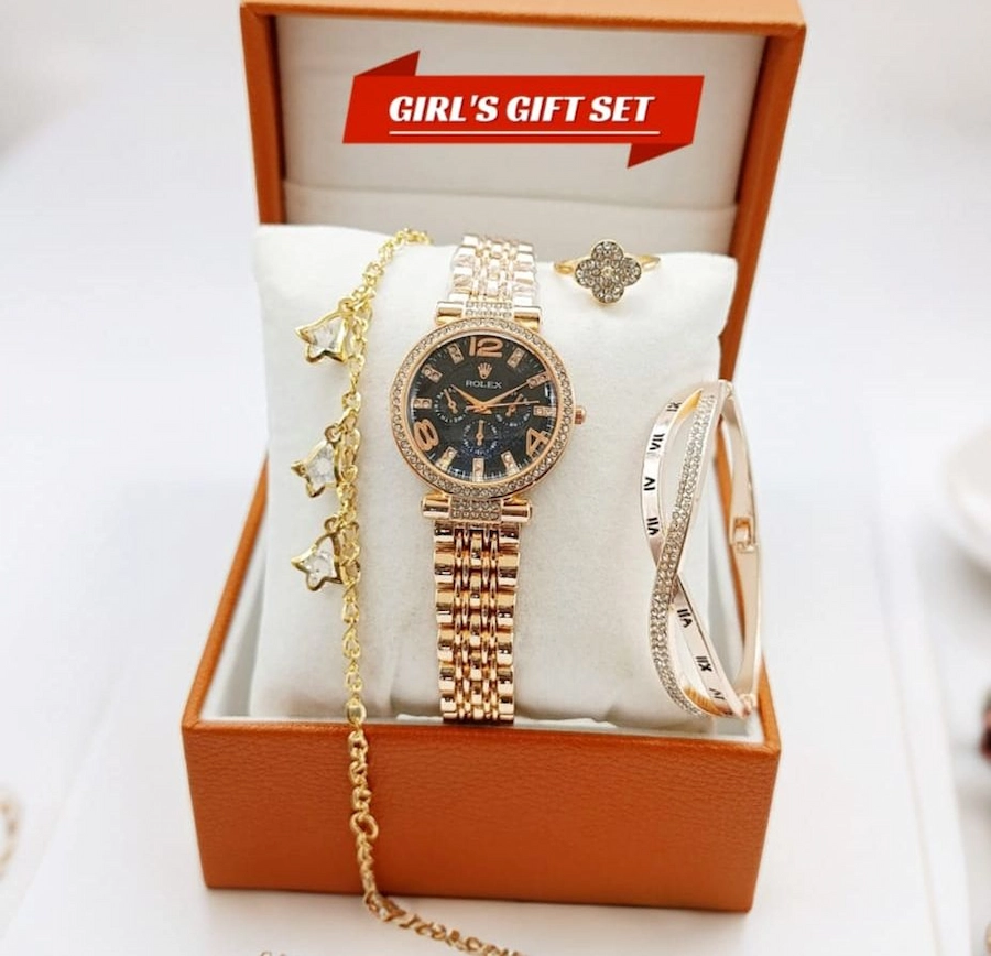 Rolex Women's Diamond Stone Jewelry Watch | Bangle-Bracelet & Ring Gift Set