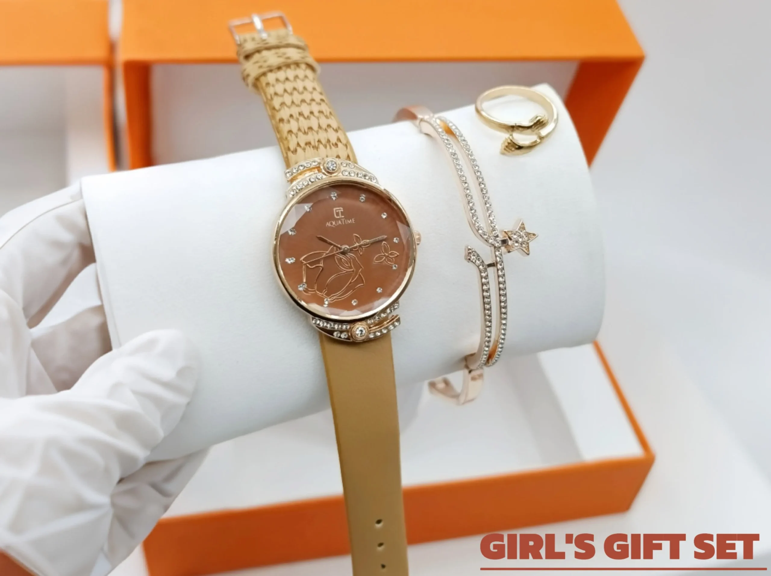 Women's Diamond Stone Strap Watch With Bracelet & Ring | Eid Special Gift Set