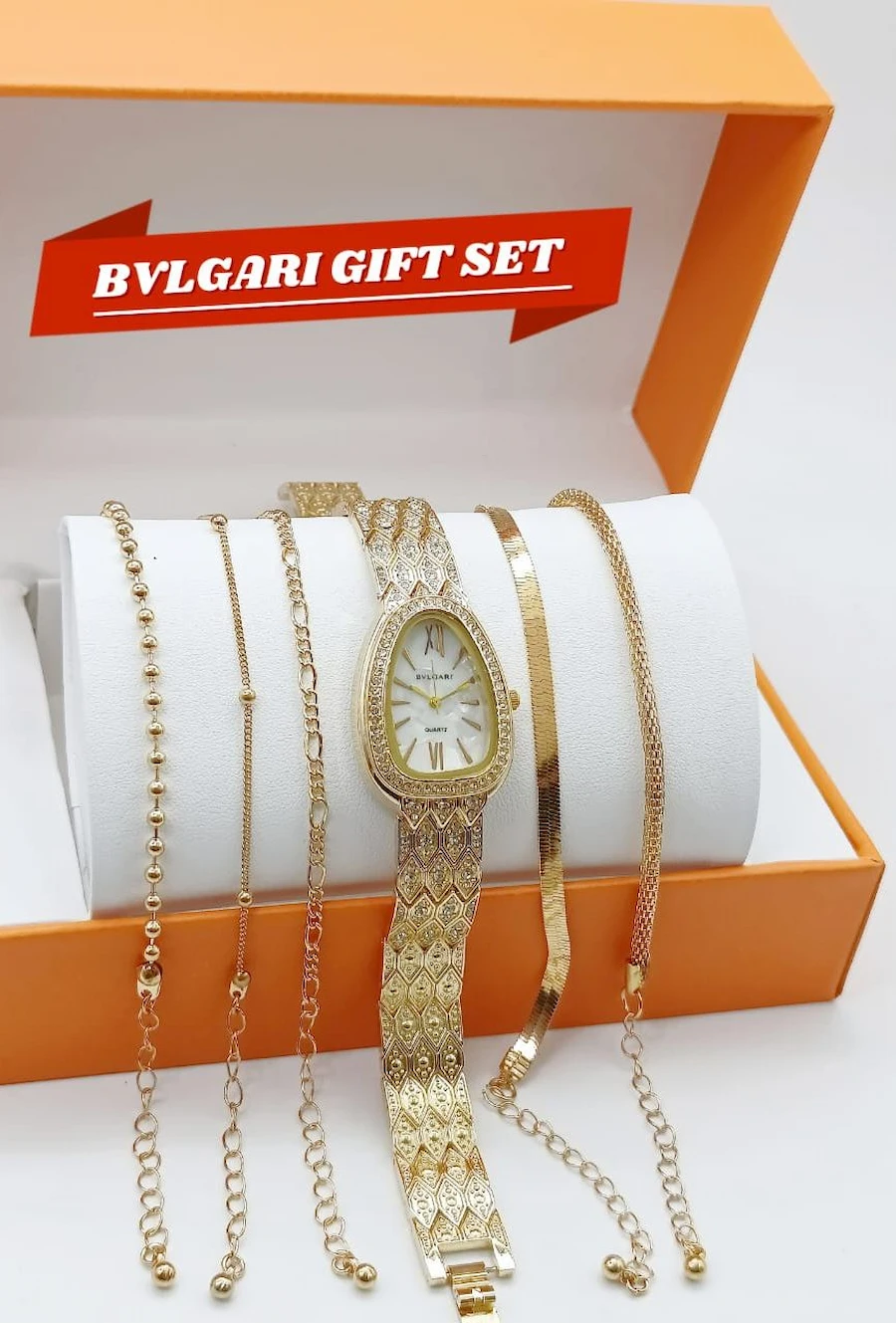 BVLGARI Women's Diamond Stone Jewelry Watch | 5-Piece Gold Bracelet Gift Set