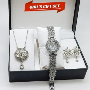 Women's Diamond Stone Jewelry Watch | 3-Piece Zircon Chain & Earrings