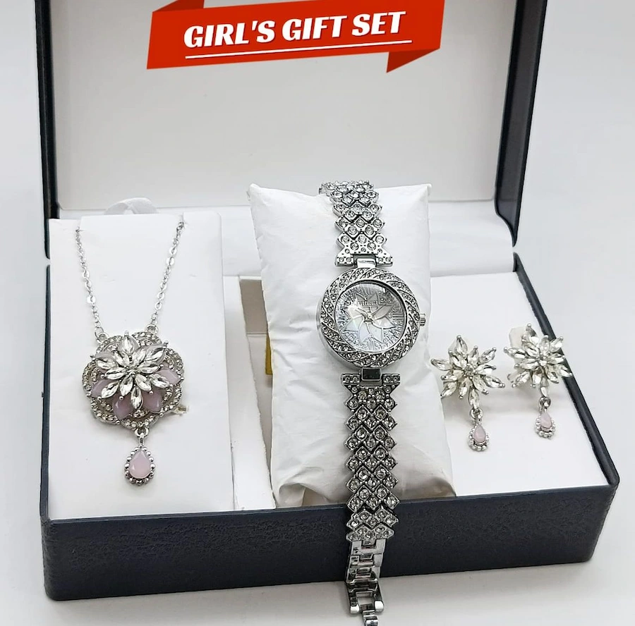 Women's Diamond Stone Jewelry Watch | 3-Piece Zircon Chain & Earrings