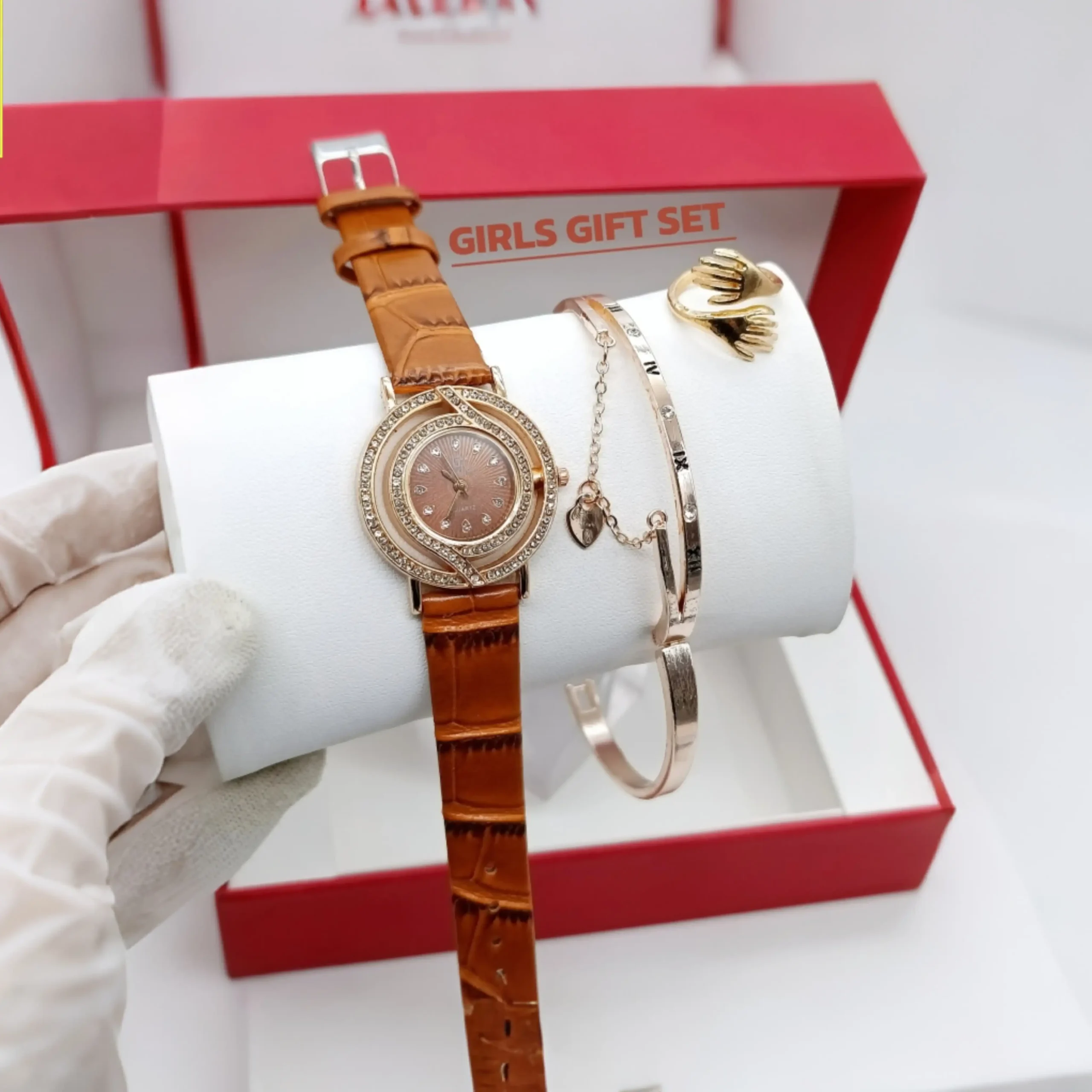 Women's Diamond Stone Strap Watch with Bracelet & Ring