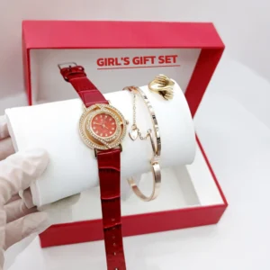 Women's Diamond Stone Strap Watch with Bracelet & Ring