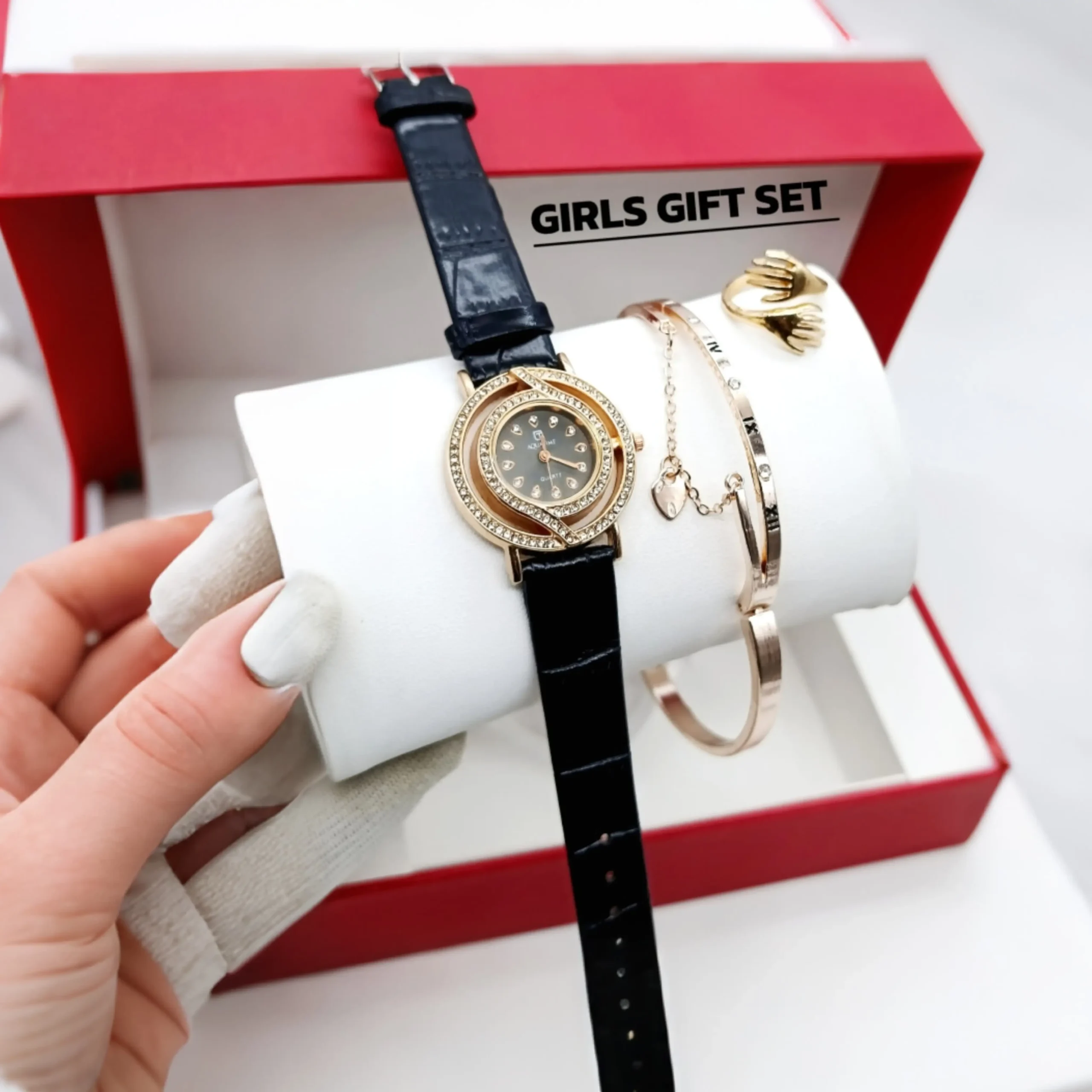 Women's Diamond Stone Strap Watch with Bracelet & Ring
